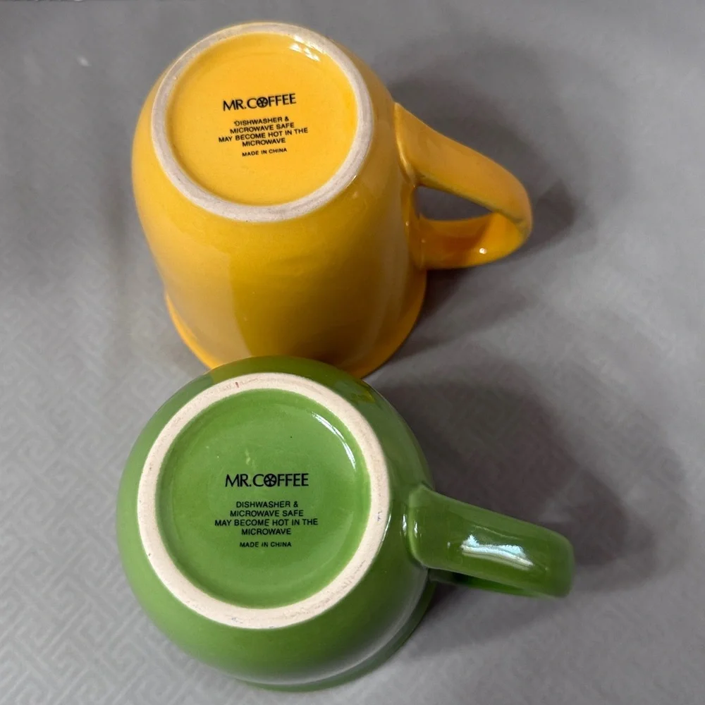 Mr Coffee Vibrant Green and Yellow Ceramic Coffee Mugs Cups Lot of 2 Retro